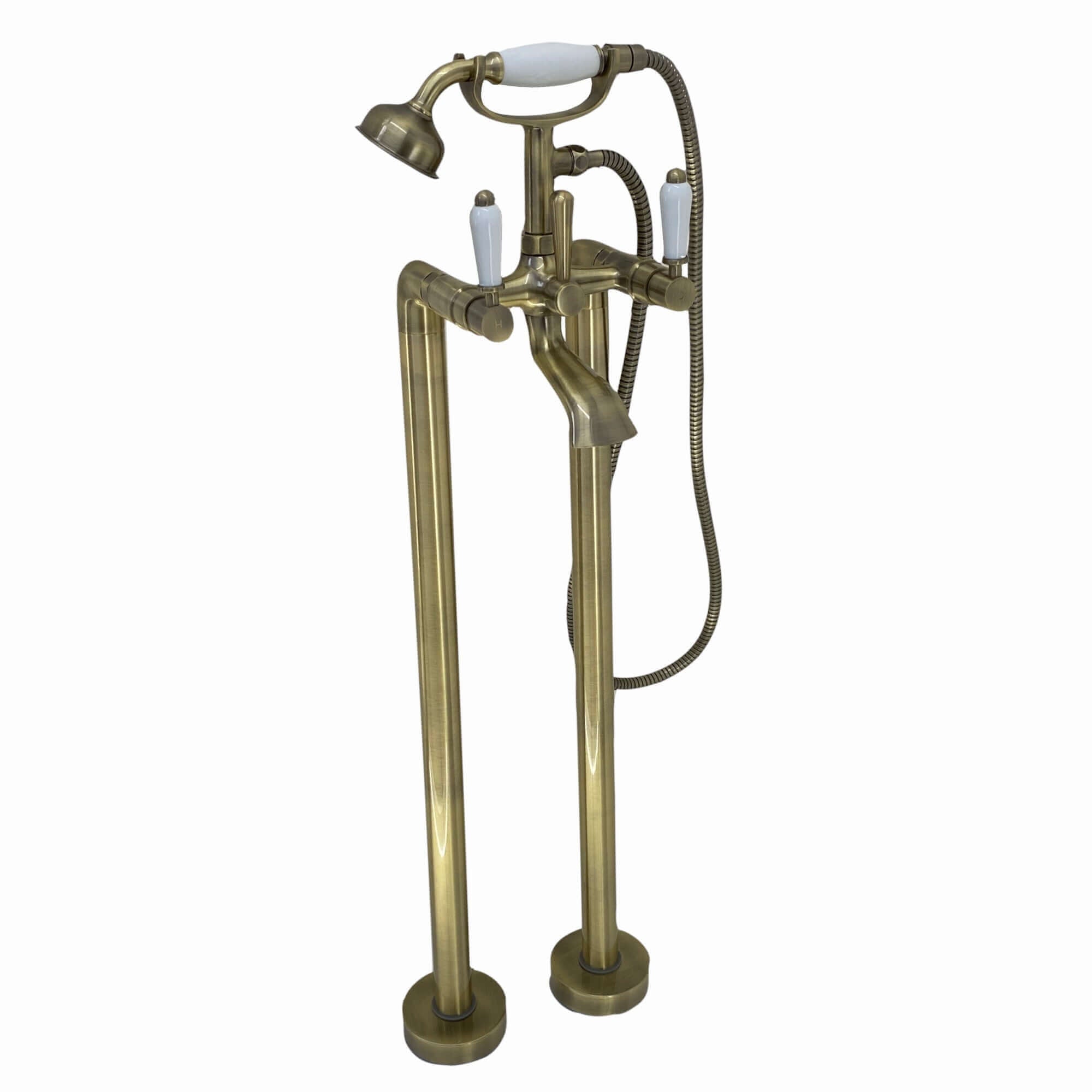 Buy Downton floorstanding bath shower mixer tap with white ceramic levers - antique brass Online UK | HOUSE OF ENKI